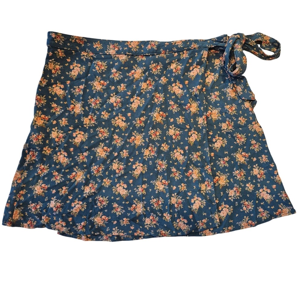 American Eagle Floral Wrap Mini Skirt Teal Blue Peach Med Short Boho Cottagecore